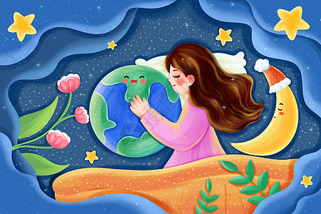 抱着地球入睡的女孩插画图片