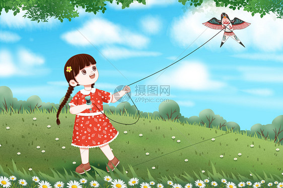 春天放风筝的小女孩图片