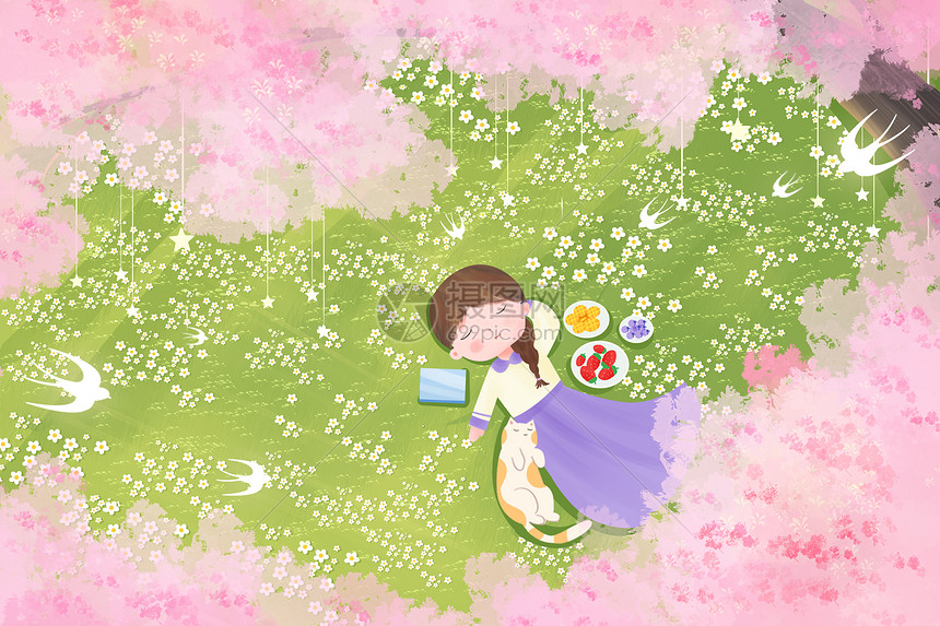 春天躺在草地上睡觉的小女孩和猫图片