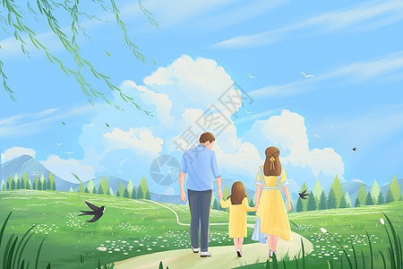春天温馨一家人户外踏青赏花插画背景背景图片