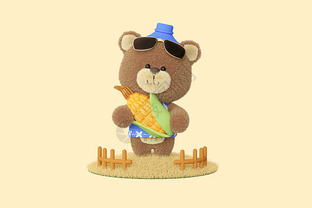 c4d立体二十四节气小熊娃娃抱着玉米场景模型图片