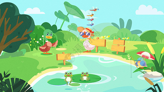 儿童插画小鸭子夫妇在池塘边悠闲散步图片