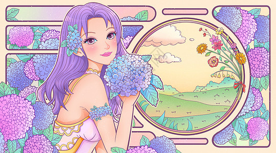 女神节妇女节少女绣球花卉卡牌海报横版插画图片