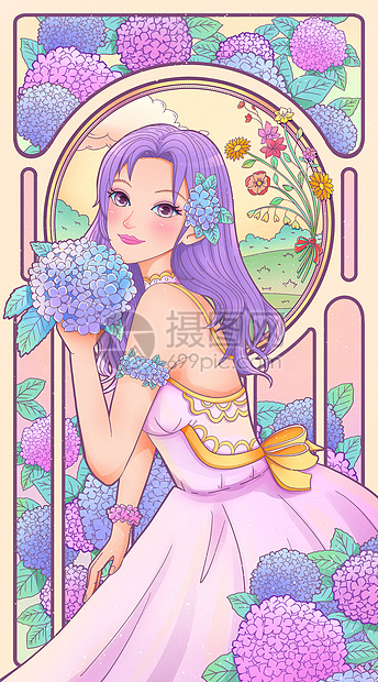 女神节妇女节少女绣球花卉卡牌海报竖版插画图片