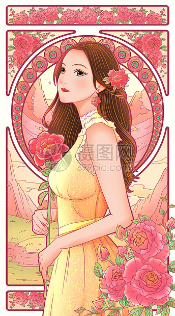 女神节妇女节少女牡丹花卉卡牌海报竖版插画图片