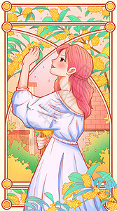 女神节少女桂花卡牌海报竖版插画图片