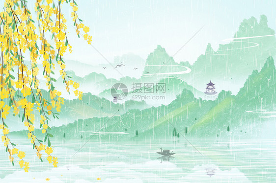 春天清明节水墨山水绿色迎春花江南水乡插画背景图片