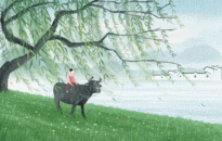 清明节牧童放牛娃的春天水墨背景插画gif动图图片