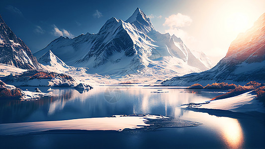 雪山湖水风景图片