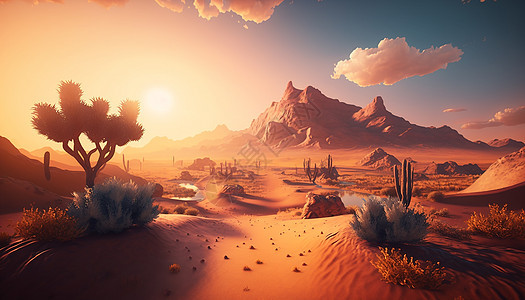 沙漠日落风景沙丘仙人掌图片