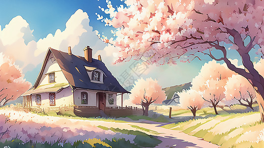 樱花树旁的木屋背景图片