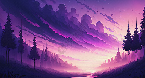 紫色夜幕下的森林背景图片