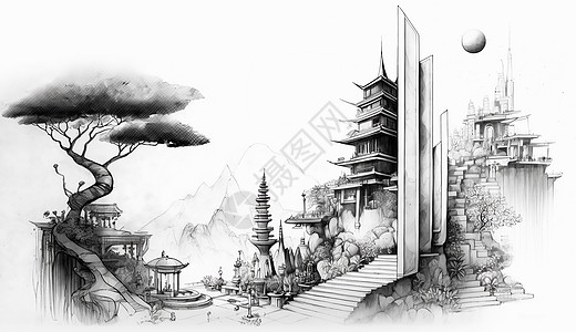 禅宗文化禅意休闲城市景观黑白线描手绘插画