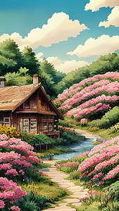 充满鲜花小径木屋河流手绘风格图片