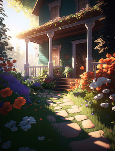 漂亮的花园房子阳光花朵图片
