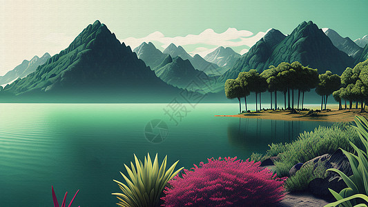 远山绿水风景背景图片