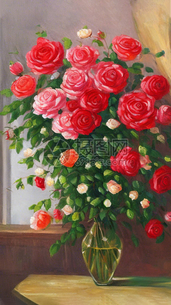 盛开的玫瑰花插在玻璃瓶中图片