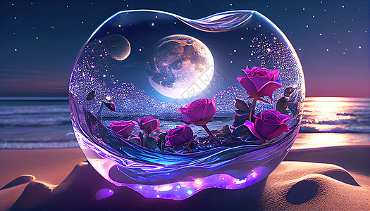 玻璃中玫瑰沙滩夜景图片