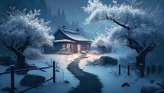 下雪后山间小屋夜景图片