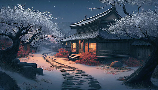 下雪后山间小屋夜景图片