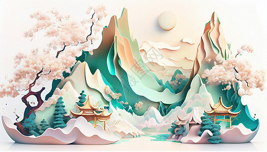 3D风景伪3D中式山水插画插画