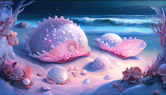 发光沙滩贝壳夜景图片