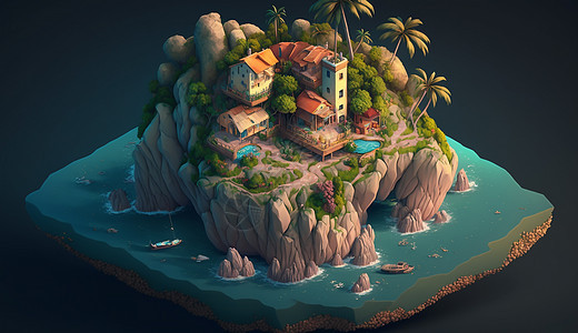 别墅25D模型等距风格美丽棕榈海景图片