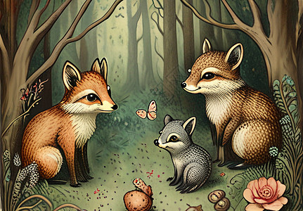 森林童话小动物绘本复古手绘风格图片