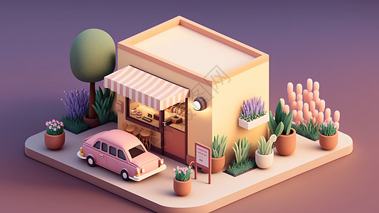 3D模型户外办公场所咖啡店等距风格可爱图片
