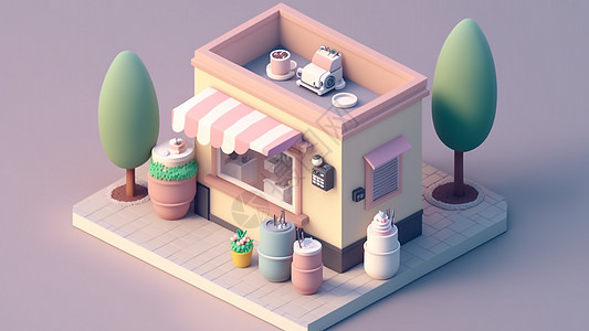 3D模型户外办公场所咖啡店粉色可爱等距风格图片