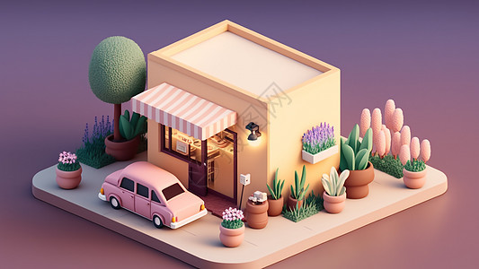 3D模型户外办公场所蛋糕店粉色可爱等距风格图片