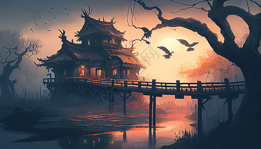 中式桥风景图片