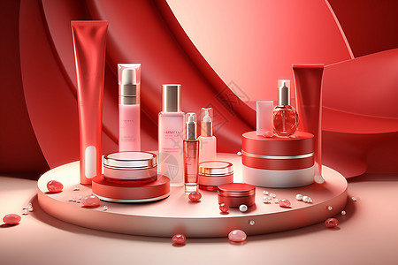 化妆品样机红色化妆品展台背景