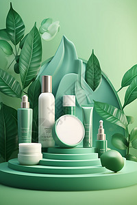 白色和绿色瓶身化妆品展示背景图片