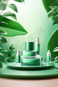 绿色展台上的护肤品背景图片