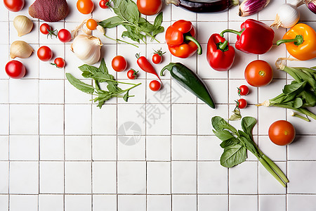 俯视摆放蔬菜的桌面高清图片