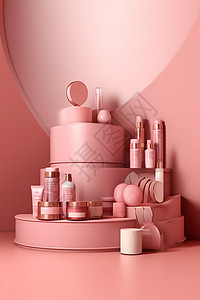 粉色展台上的化妆品图片