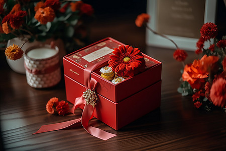 木桌上的红色礼盒图片