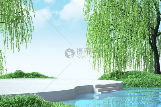 春季水面柳树场景图片
