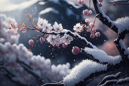 梅花插画雪天梅花背景