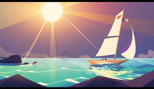海上帆船插画图片
