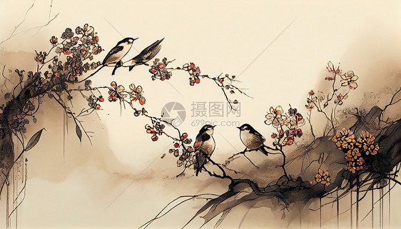中式水墨花鸟绘画图片