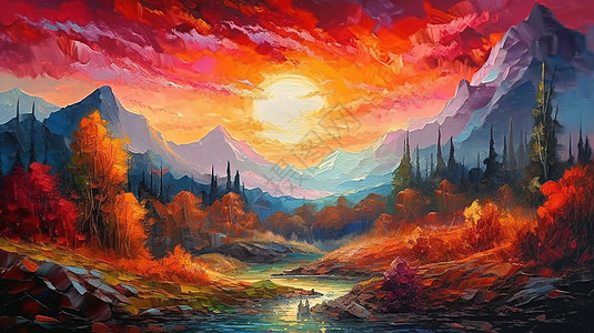 日落风景油画图片