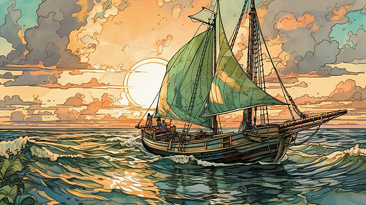 日落时分形式的帆船图片