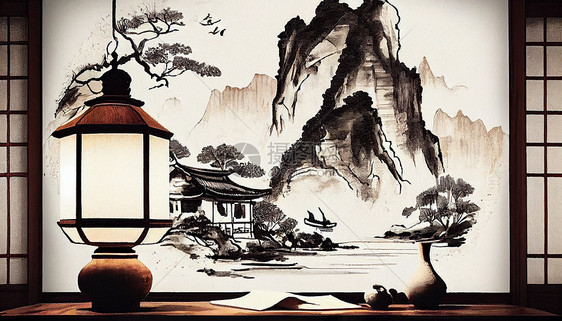 中式水墨山水风景绘画图片