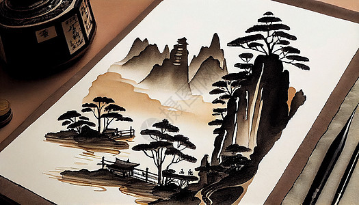 中式水墨山水风景绘画图片