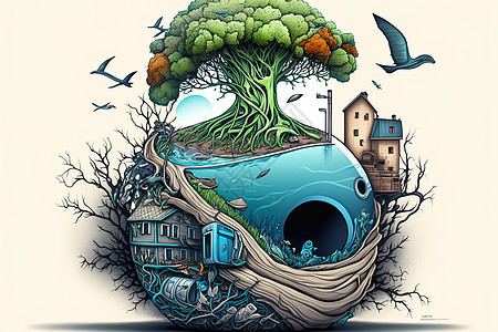 创意树岛插图背景图片