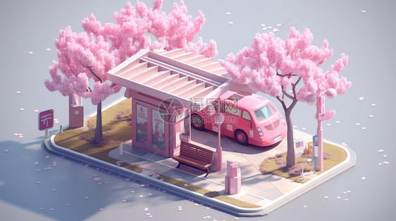 粉色公交站台模型图片