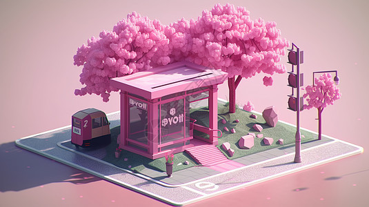 樱花树旁的站台模型图片