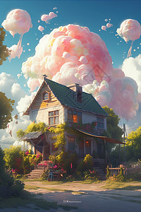 彩色棉花糖云朵下的小木屋图片